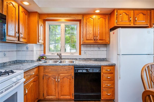 377 Winfield Rd, Irondequoit, NY 14622 - kitchen with white appliances, a sink, brown cabinets, decorative backsplash, and recessed lighting
