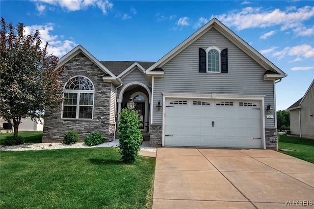 27 Skylark Ln, Wheatfield, NY 14304 - traditional-style house with stone siding, a front yard, driveway, and an attached garage