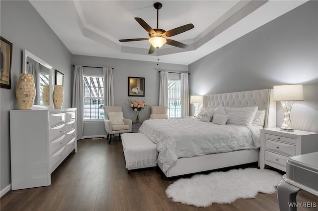 27 Skylark Ln, Wheatfield, NY 14304 - bedroom featuring a tray ceiling, dark wood finished floors, baseboards, and ceiling fan
