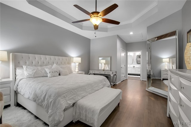 27 Skylark Ln, Wheatfield, NY 14304 - bedroom with a raised ceiling, wood-type flooring, ornamental molding, connected bathroom, and attic access