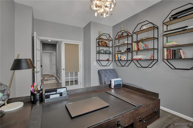27 Skylark Ln, Wheatfield, NY 14304 - home office featuring french doors, wood finished floors, baseboards, and a chandelier