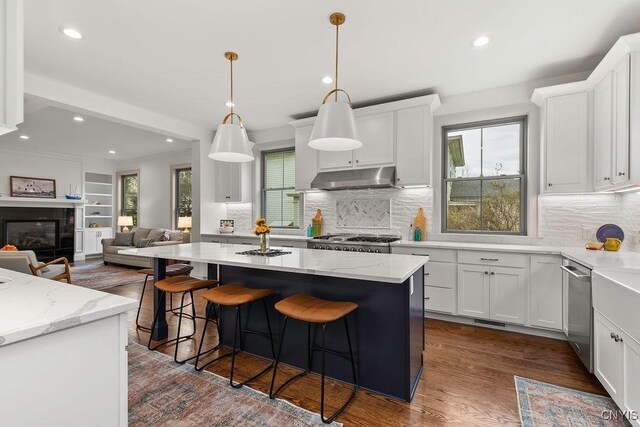 149 E Genesee St, Skaneateles, NY 13152 - kitchen with under cabinet range hood, white cabinets, dark wood finished floors, light stone counters, and recessed lighting