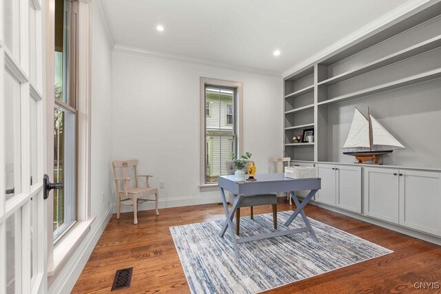 149 E Genesee St, Skaneateles, NY 13152 - office space featuring crown molding, wood finished floors, baseboards, built in shelves, and recessed lighting