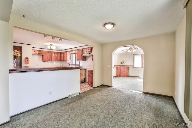831 W Gebhard Ln, Alden, NY 14004 - kitchen featuring light carpet, arched walkways, plenty of natural light, and a textured ceiling