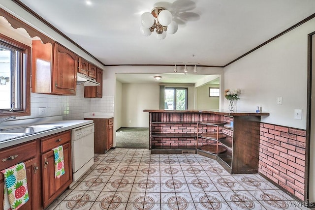 831 W Gebhard Ln, Alden, NY 14004 - kitchen featuring dishwasher, under cabinet range hood, a sink, ornamental molding, and light countertops