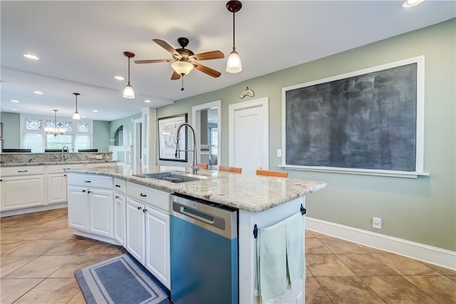 2550 E Ave, Brighton, NY 14610 - kitchen featuring dishwasher, white cabinetry, decorative light fixtures, ceiling fan, and light tile patterned floors