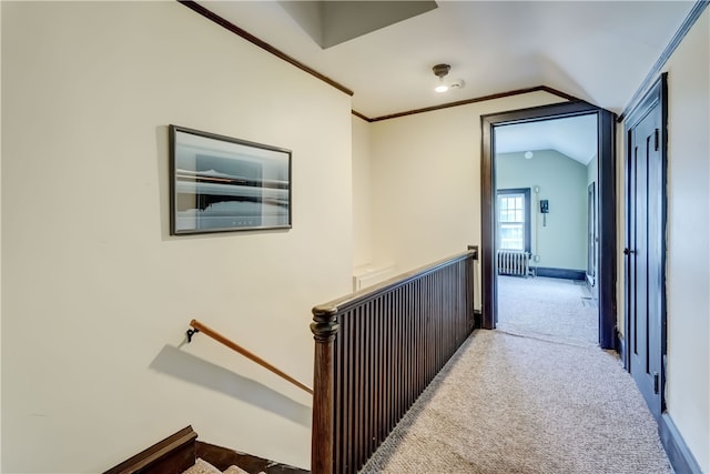 2550 E Ave, Brighton, NY 14610 - corridor featuring vaulted ceiling, carpet floors, an upstairs landing, and radiator heating unit