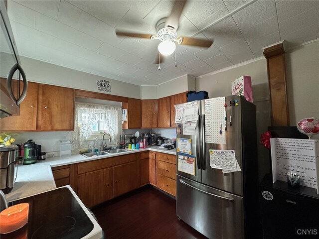 35 N 4th Ave, German Flatts, NY 13357 - kitchen featuring stainless steel fridge with ice dispenser, brown cabinetry, light countertops, and dark wood-type flooring