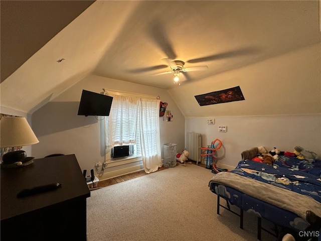 35 N 4th Ave, German Flatts, NY 13357 - bedroom with radiator heating unit, carpet flooring, lofted ceiling, ceiling fan, and cooling unit