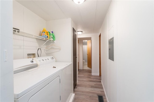 7848 Cold Springs Rd, Urbana, NY 14810 - laundry area with separate washer and dryer, light wood-style floors, electric panel, and baseboards