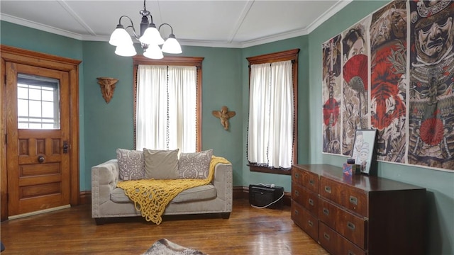 51 Sherrill St Unit 1, Geneva-City, NY 14456 - sitting room featuring a chandelier, wood finished floors, crown molding, and baseboards