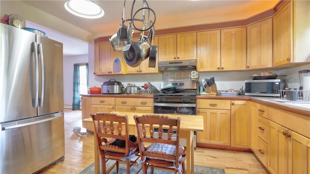 51 Sherrill St Unit 1, Geneva-City, NY 14456 - kitchen with stainless steel appliances, under cabinet range hood, light wood finished floors, and light brown cabinetry