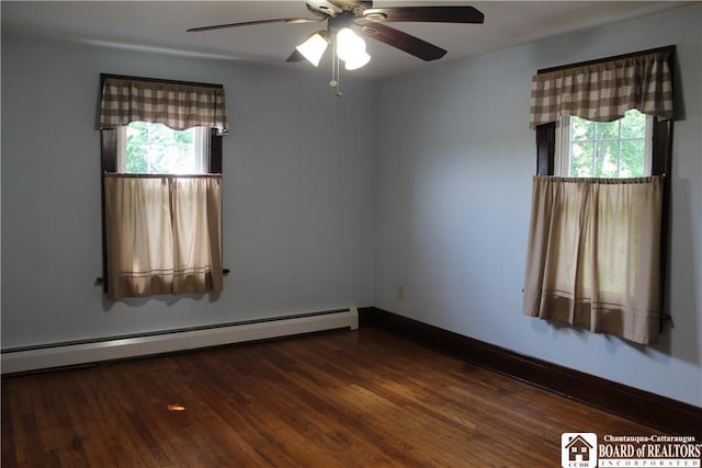 3582 Rte 20, Sheridan, NY 14063 - empty room featuring plenty of natural light, ceiling fan, wood finished floors, and a baseboard heating unit