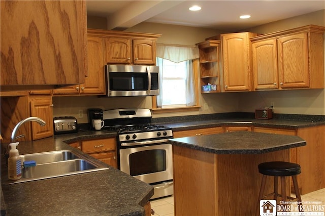 3582 Rte 20, Sheridan, NY 14063 - kitchen with stainless steel appliances, a sink, a breakfast bar area, a center island, and light tile patterned flooring
