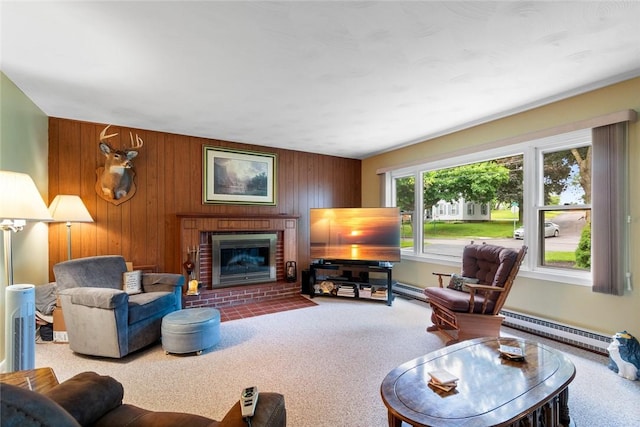 141 W Pearl St, Arcadia, NY 14513 - living area with a baseboard heating unit, carpet flooring, a brick fireplace, and wood walls