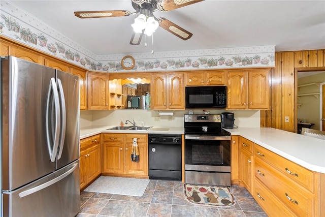 141 W Pearl St, Arcadia, NY 14513 - kitchen featuring black appliances, a sink, a peninsula, light countertops, and a ceiling fan