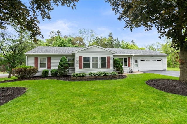 141 W Pearl St, Arcadia, NY 14513 - ranch-style house with a garage, driveway, a front yard, and roof with shingles