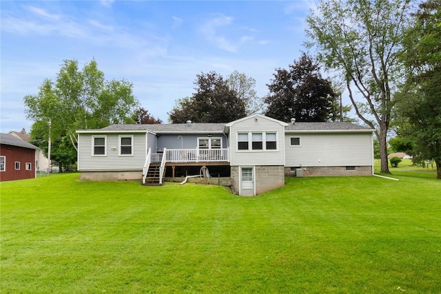 141 W Pearl St, Arcadia, NY 14513 - rear view of property with a deck, a lawn, and stairway