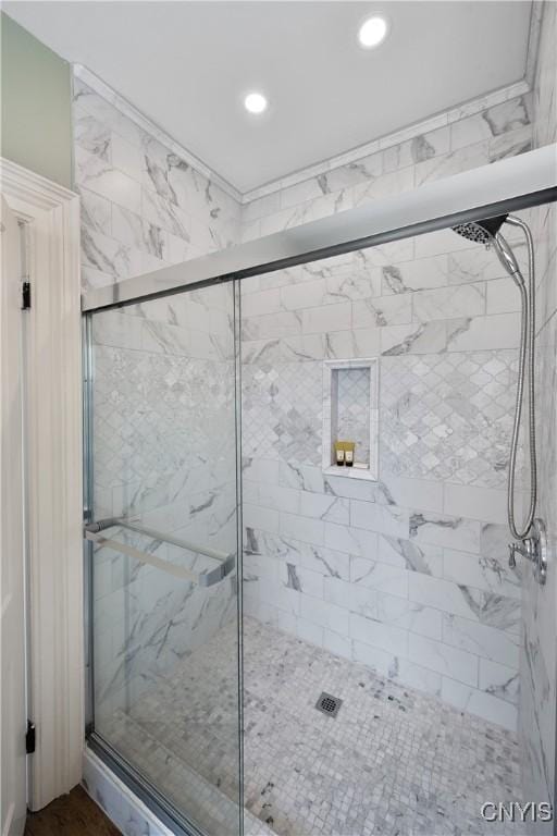 55 E 5th St, Oswego-City, NY 13126 - full bathroom with a marble finish shower and recessed lighting