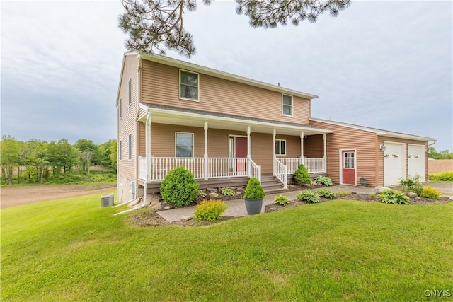 2220 W Genesee Tpke, Camillus, NY 13031 - view of front of house featuring a porch, a front lawn, an attached garage, and cooling unit