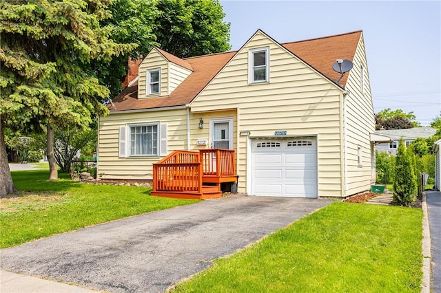 12 Queensboro Rd, Irondequoit, NY 14609 - cape cod house featuring a garage, a front yard, asphalt driveway, and a chimney