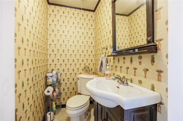 12 Queensboro Rd, Irondequoit, NY 14609 - bathroom featuring wallpapered walls, toilet, crown molding, tile patterned flooring, and vanity