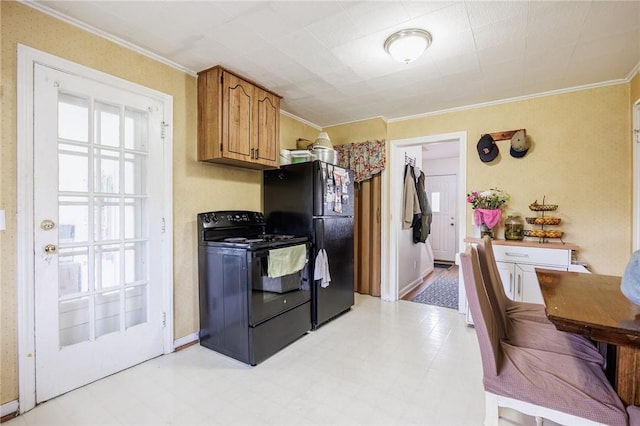 12 Queensboro Rd, Irondequoit, NY 14609 - kitchen with black appliances, ornamental molding, light floors, and brown cabinets