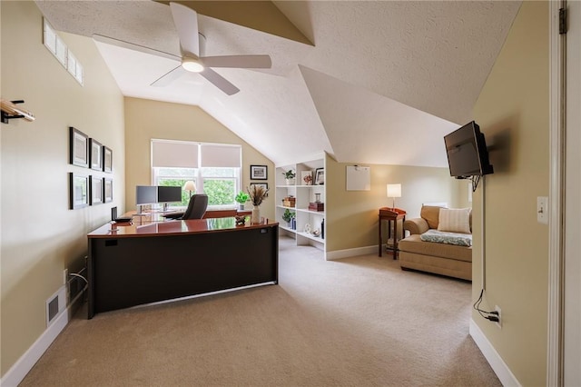74 Broadmoor Trl, Perinton, NY 14450 - office space with a ceiling fan, vaulted ceiling, baseboards, carpet floors, and a textured ceiling