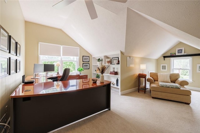 74 Broadmoor Trl, Perinton, NY 14450 - office space featuring ceiling fan, vaulted ceiling, carpet flooring, baseboards, and a textured ceiling