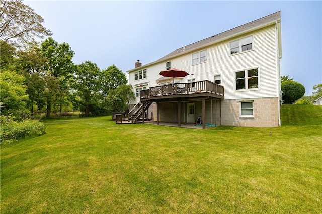 74 Broadmoor Trl, Perinton, NY 14450 - back of property featuring stairway, a deck, a lawn, and a chimney
