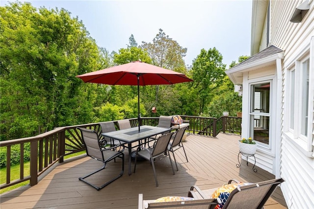74 Broadmoor Trl, Perinton, NY 14450 - wooden deck with outdoor dining area and view of scattered trees