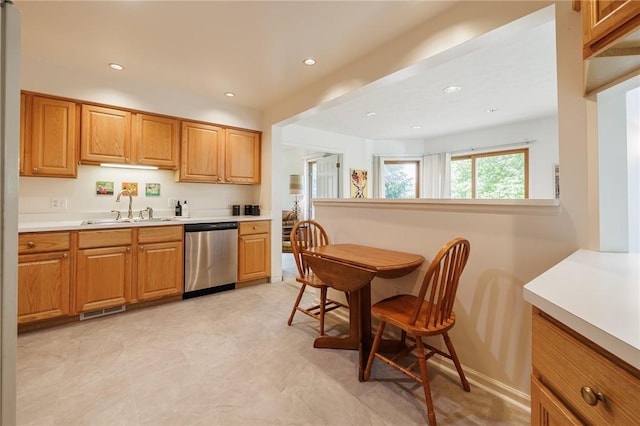 3 Legacy Oak Trl, Henrietta, NY 14534 - kitchen with dishwasher, a sink, light countertops, recessed lighting, and brown cabinetry