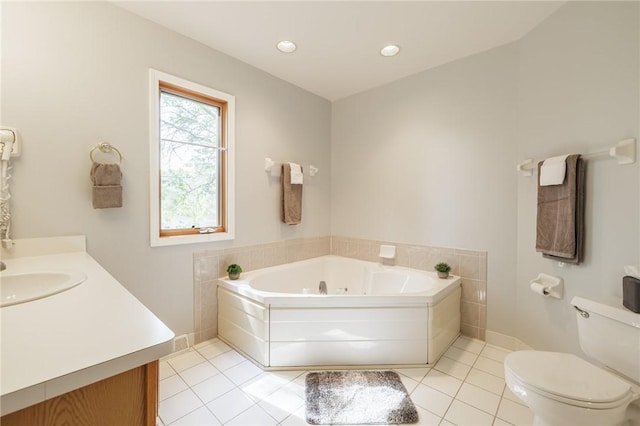 3 Legacy Oak Trl, Henrietta, NY 14534 - bathroom featuring toilet, a jetted tub, vanity, tile patterned floors, and recessed lighting