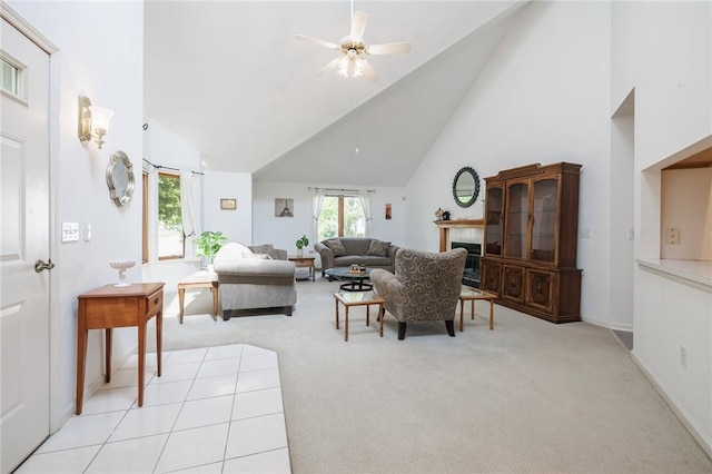 3 Legacy Oak Trl, Henrietta, NY 14534 - living room featuring light carpet, high vaulted ceiling, a ceiling fan, and baseboards