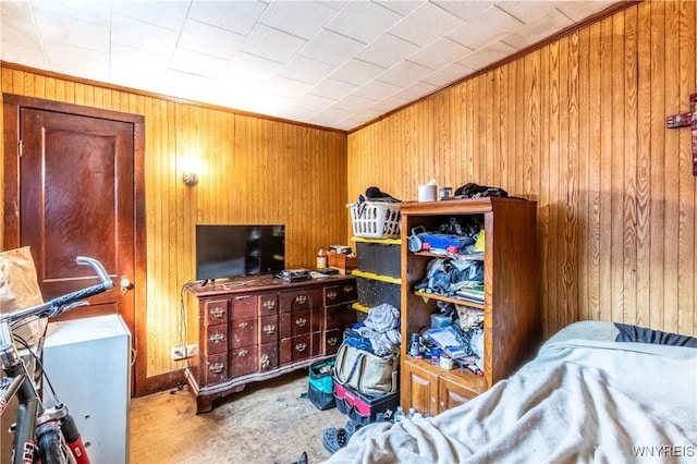110 10th St, Buffalo, NY 14201 - carpeted bedroom featuring wooden walls and ornamental molding