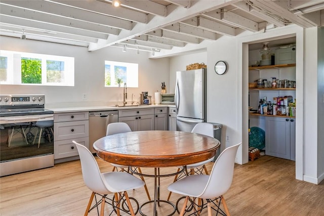 2309 Mcburney Rd, Phelps, NY 14432 - kitchen featuring appliances with stainless steel finishes, a sink, gray cabinetry, light wood finished floors, and rail lighting