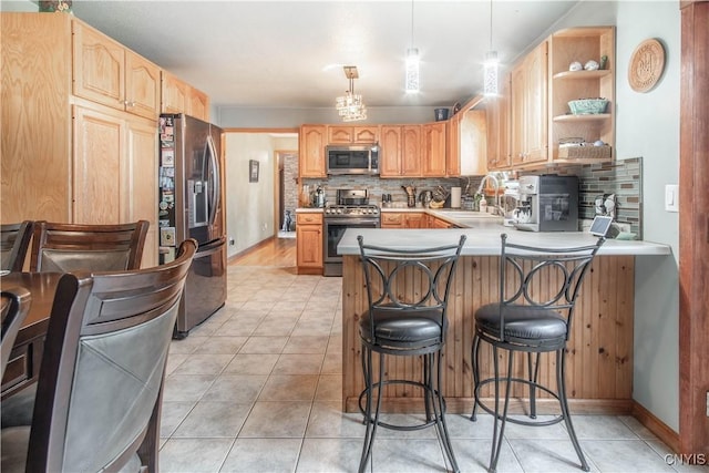 1 Carol Dr, Adams, NY 13605 - kitchen with stainless steel appliances, backsplash, a peninsula, open shelves, and light tile patterned flooring