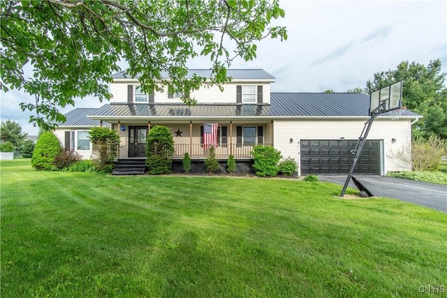 1 Carol Dr, Adams, NY 13605 - view of front facade featuring asphalt driveway, covered porch, a garage, a front lawn, and a metal roof