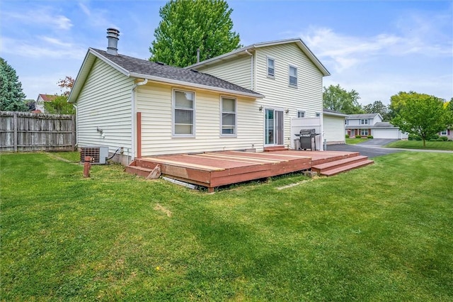 75 Red Rock Cir, Greece, NY 14626 - back of property featuring a wooden deck, central AC, and a shingled roof