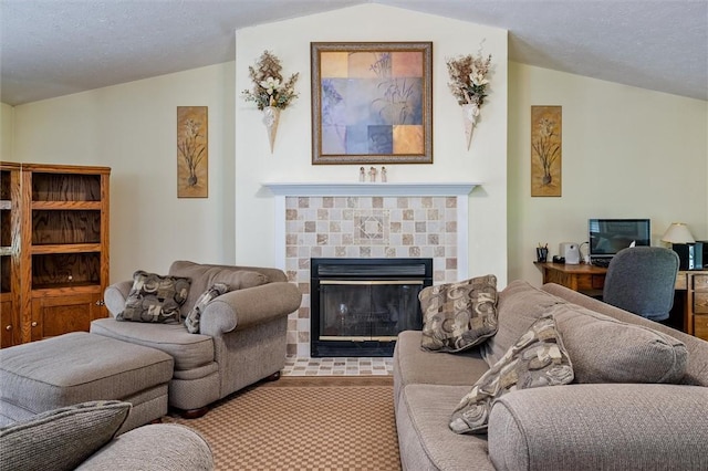 75 Red Rock Cir, Greece, NY 14626 - carpeted living room with lofted ceiling and a fireplace
