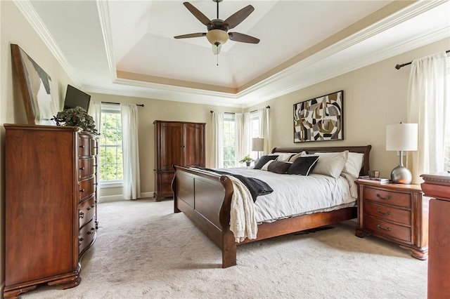 6305 Candlelight Run, Victor, NY 14564 - bedroom with a tray ceiling, light colored carpet, crown molding, and a ceiling fan