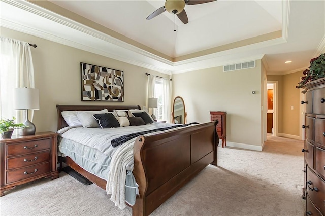 6305 Candlelight Run, Victor, NY 14564 - bedroom featuring light carpet, crown molding, a tray ceiling, a ceiling fan, and baseboards