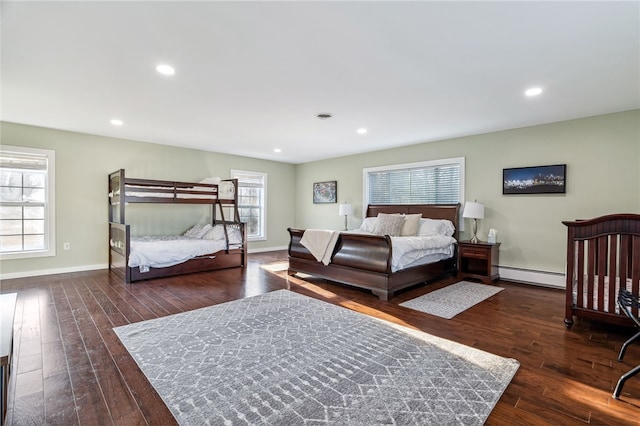 102 Trolley Line Rd, Hartwick, NY 13326 - bedroom featuring a baseboard radiator, wood finished floors, recessed lighting, and baseboards