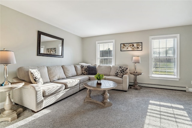 102 Trolley Line Rd, Hartwick, NY 13326 - carpeted living room with a baseboard radiator and baseboards