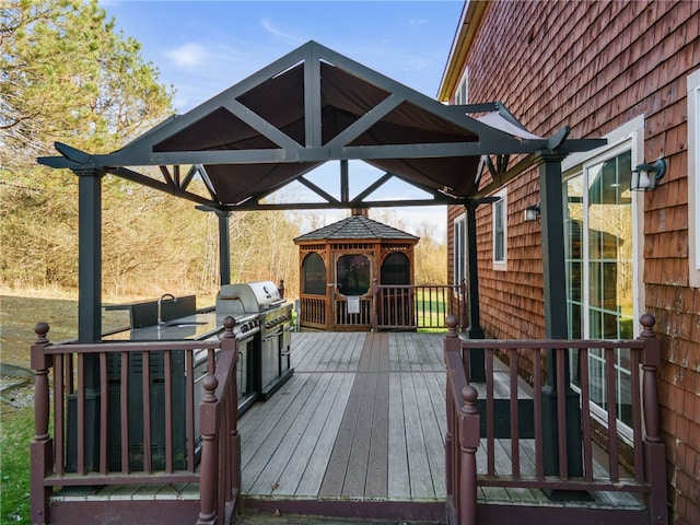 102 Trolley Line Rd, Hartwick, NY 13326 - wooden terrace with a gazebo, a sink, and grilling area