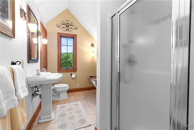 55 Redmond Rd, Trenton, NY 13304 - full bathroom with a shower stall, toilet, tile patterned floors, baseboards, and vaulted ceiling