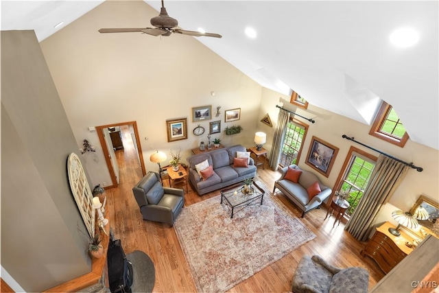55 Redmond Rd, Trenton, NY 13304 - living room with high vaulted ceiling, wood finished floors, a ceiling fan, and recessed lighting