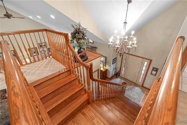 55 Redmond Rd, Trenton, NY 13304 - entrance foyer with wood finished floors, high vaulted ceiling, a chandelier, recessed lighting, and ceiling fan