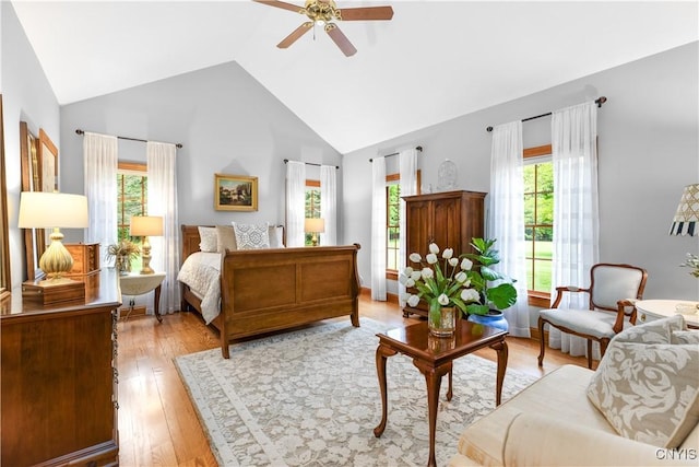 55 Redmond Rd, Trenton, NY 13304 - bedroom featuring multiple windows, high vaulted ceiling, light wood-style flooring, and a ceiling fan