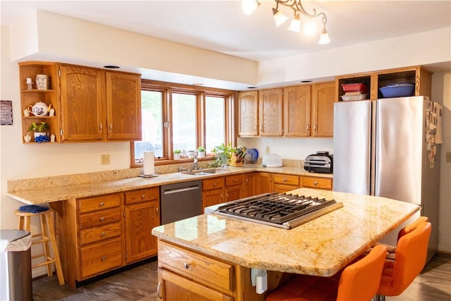 179 Kentucky Xing, Greece, NY 14612 - kitchen with stainless steel appliances, open shelves, a sink, a breakfast bar, and light stone countertops